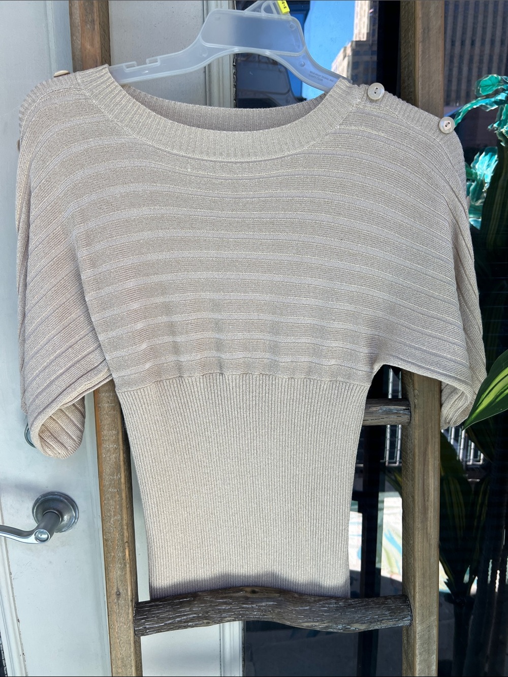 Beige with gold weaved Short-Sleeve Ribbed Scoop Neck Sweater with Button Detail